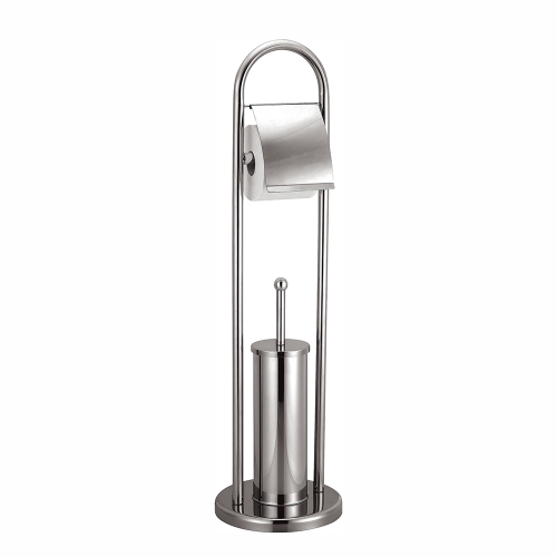 Free standing stainless steel toilet brush and paper tissue roll holder