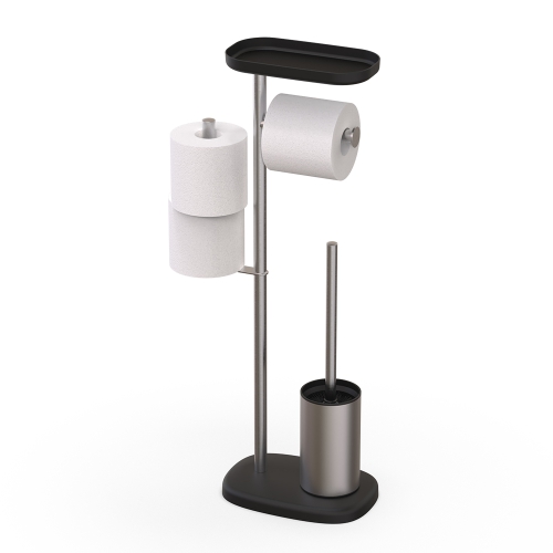 Free standing stainless steel toilet brush and paper holder with top shelf brushed