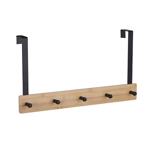 Steel and natural bamboo over the door mounted towel rack 5 hooks black