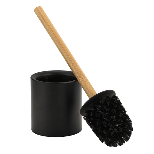Black metal toilet brush holder natural bamboo wooden bathroom