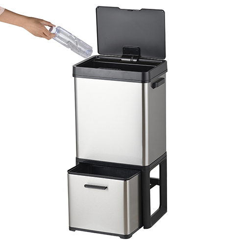 Papelera cuadrada redonda con sensor de acero inoxidable satinado blanco cepillado a pilas con sensor negro